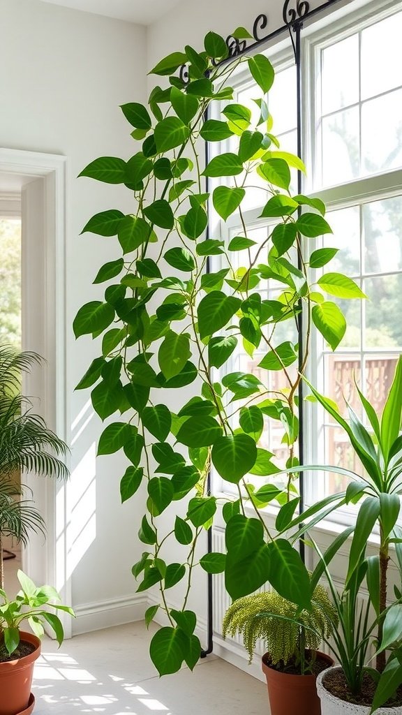 A lush Philodendron climbing plant in a bright indoor setting.
