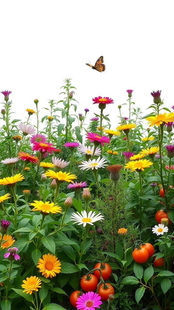 A colorful garden filled with flowers and tomatoes, showcasing a pollinator-friendly environment.