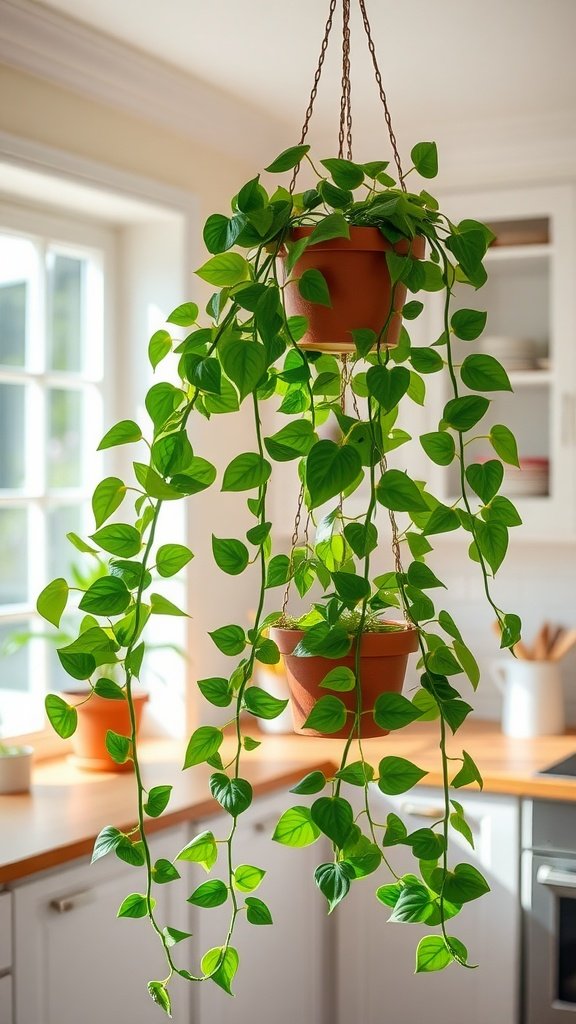 A beautiful Pothos plant hanging in a modern kitchen, showcasing its vibrant leaves and trailing vines.