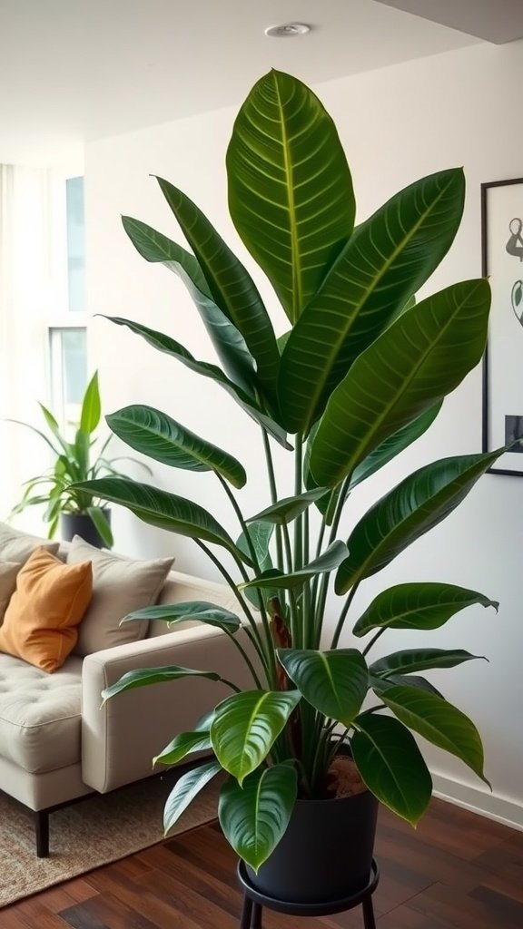 A healthy rubber plant with large, glossy leaves in a bright indoor setting.
