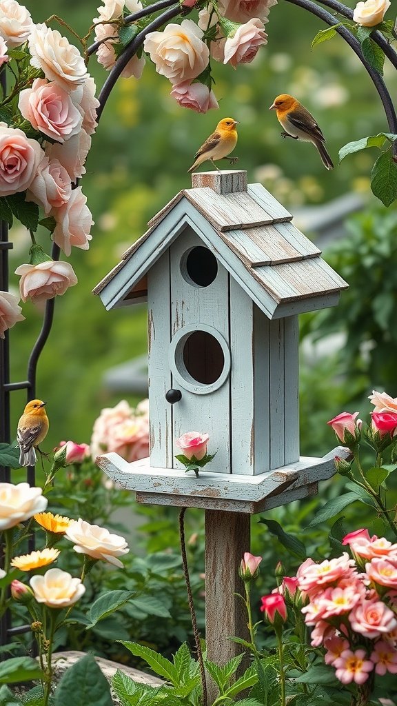 A rustic birdhouse surrounded by blooming roses and two small birds perched on it, creating a charming garden scene.