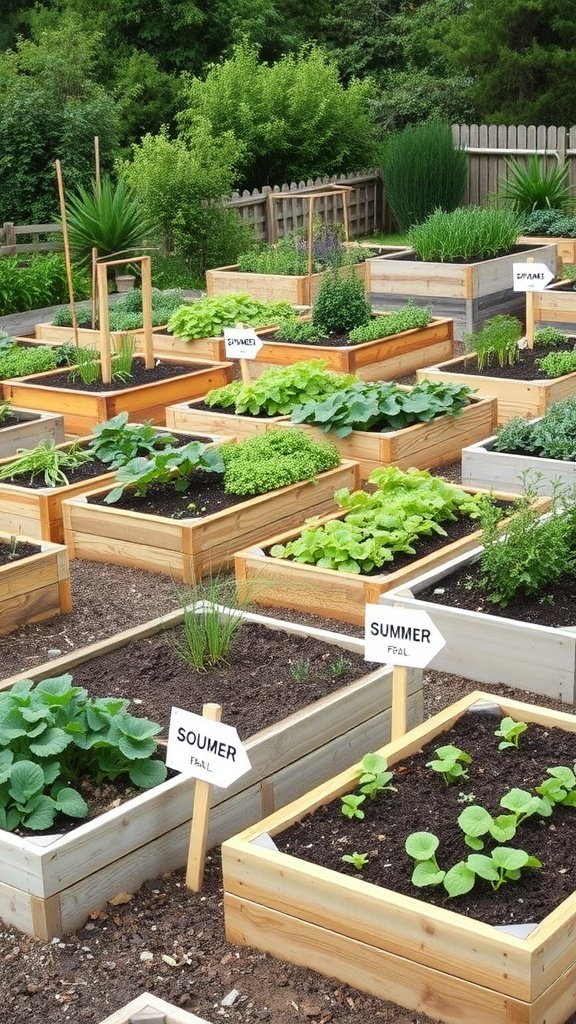 A well-organized raised bed garden showcasing seasonal rotation with labeled beds for different crops.
