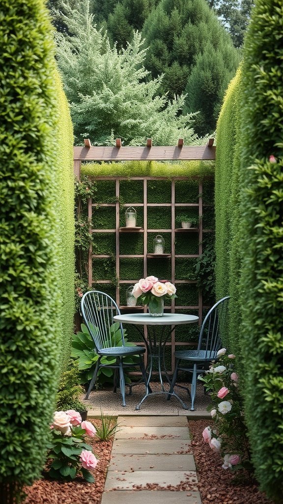 A secret garden hideaway featuring a cozy table and chairs surrounded by lush greenery and flowers.