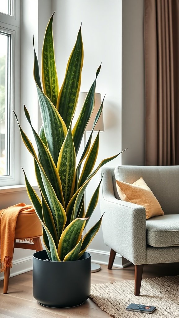A tall snake plant in a well-lit living space, showcasing its green and yellow leaves.