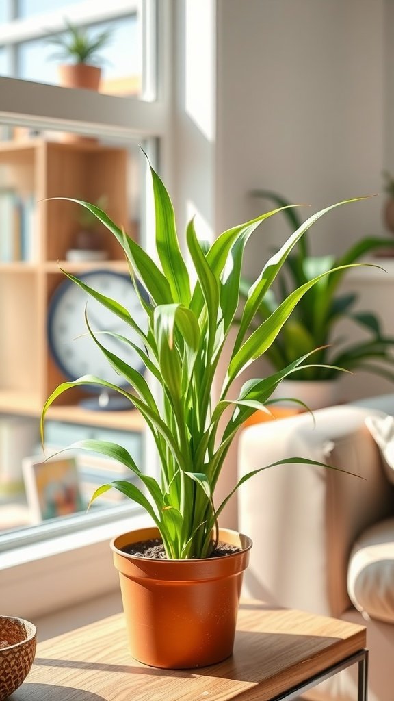 A Spider Plant in a bright room, showcasing its green, arching leaves