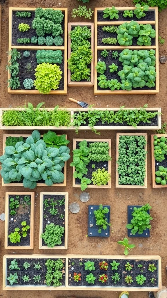 Aerial view of a raised bed garden using square foot gardening technique with various plants organized in small sections.