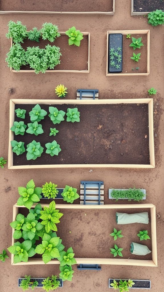 Aerial view of a raised bed garden layout with various plants organized in square sections.