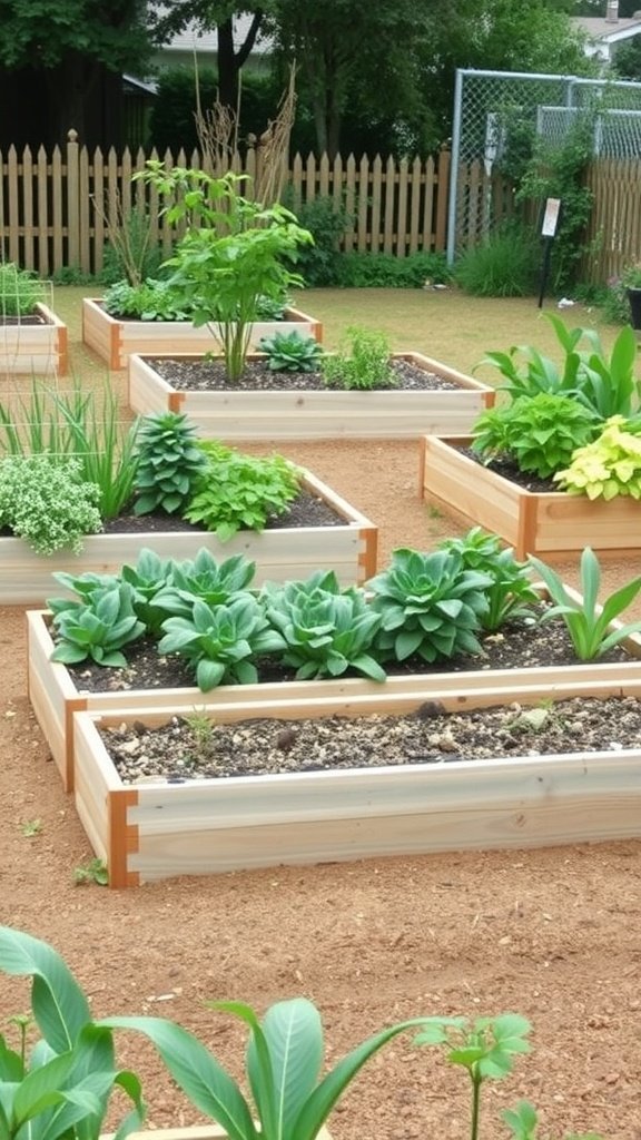 A tiered arrangement of raised beds filled with various plants, showcasing a neat and organized garden layout.