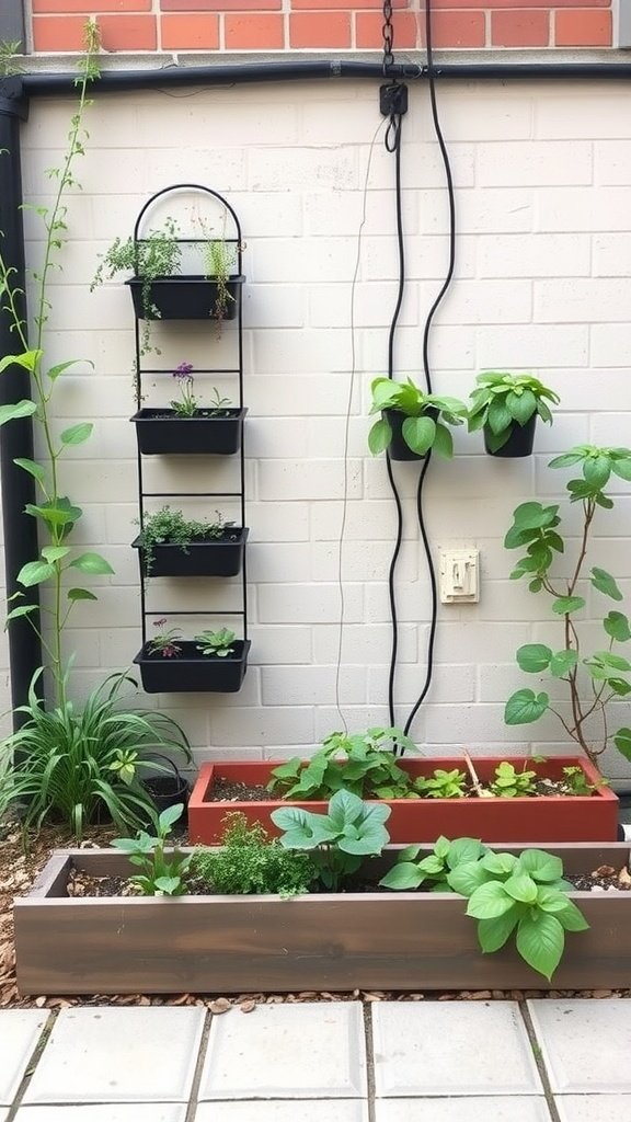 A vertical garden setup with raised planter designs featuring various plants.