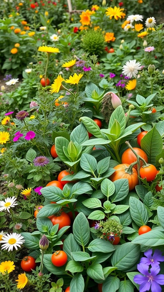 A lush edible garden featuring vibrant flowers and ripe tomatoes among green leaves.