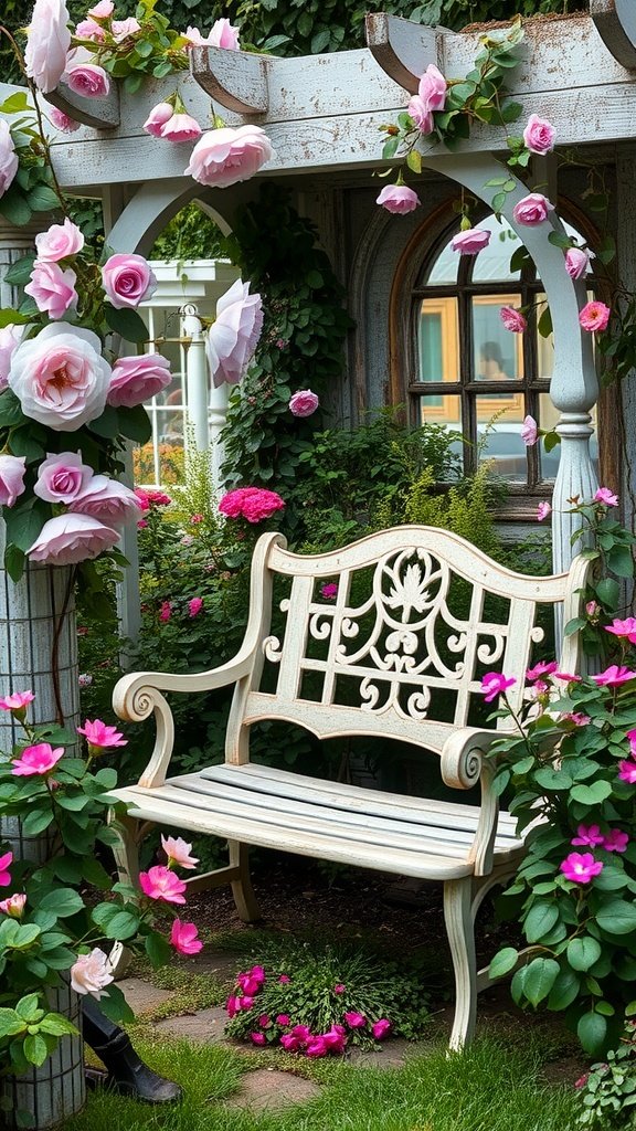 A cozy white bench surrounded by lush pink roses in a garden nook.