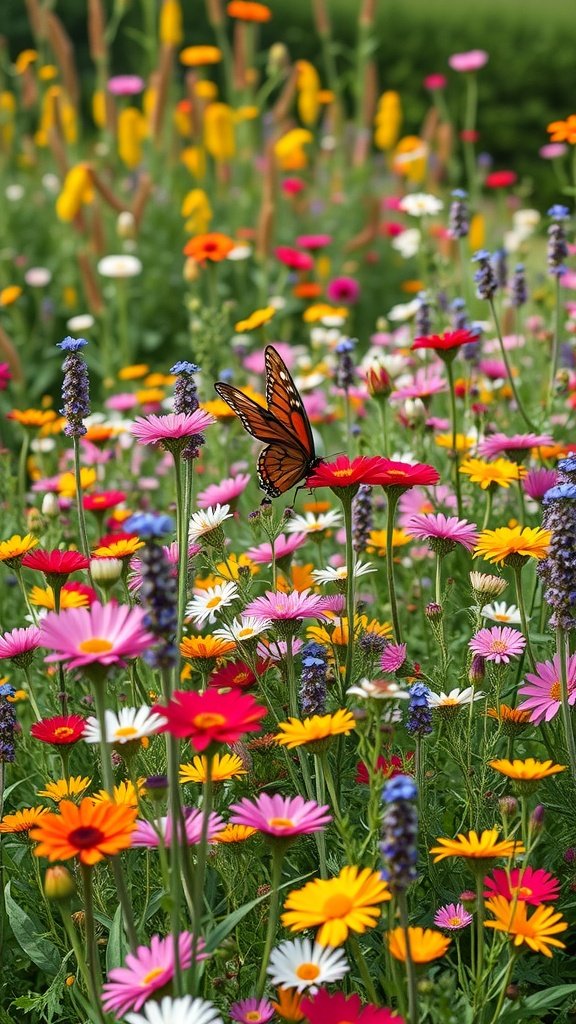 A vibrant wildflower meadow with various flowers and a butterfly