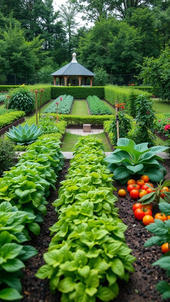 A beautifully arranged vegetable garden featuring lush green plants, a gazebo, and vibrant tomatoes.