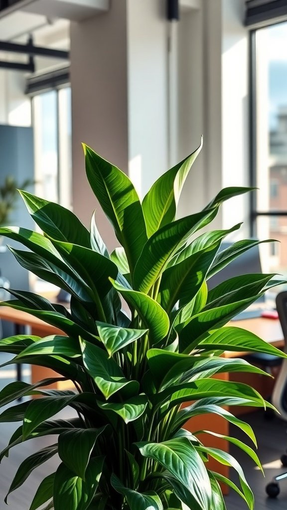 A healthy ZZ plant with lush green leaves placed in a well-lit office environment.